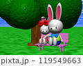 3Dイラスト草原の大樹の下のピンクのベンチに座る2匹のウサギさん 3Dイラスト草原の大樹の下のピンクのベンチに座る2匹のウサギさん 119549663