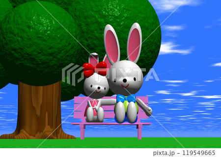 3Dイラスト草原の大樹の下のピンクのベンチに座る2匹のウサギさん 119549665