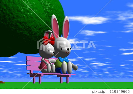 3Dイラスト草原の大樹の下のピンクのベンチに座る2匹のウサギさん 119549666