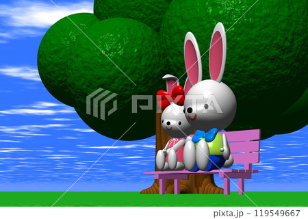3Dイラスト草原の大樹の下のピンクのベンチに座る2匹のウサギさん 119549667