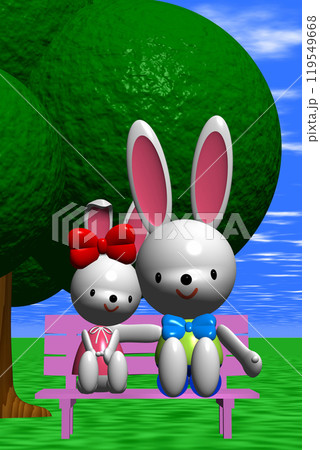 3Dイラスト草原の大樹の下のピンクのベンチに座る2匹のウサギさん 119549668