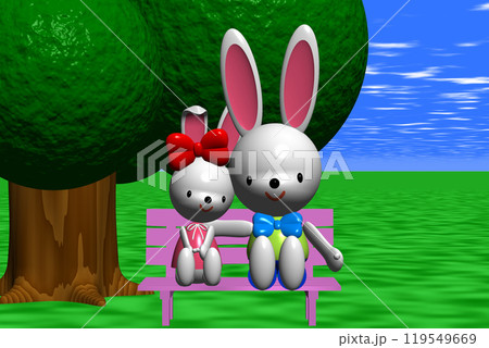 3Dイラスト草原の大樹の下のピンクのベンチに座る2匹のウサギさん 3Dイラスト草原の大樹の下のピンクのベンチに座る2匹のウサギさん 119549669