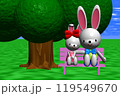 3Dイラスト草原の大樹の下のピンクのベンチに座る2匹のウサギさん 3Dイラスト草原の大樹の下のピンクのベンチに座る2匹のウサギさん 119549670