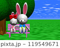 3Dイラスト草原の大樹の下のピンクのベンチに座る2匹のウサギさん 3Dイラスト草原の大樹の下のピンクのベンチに座る2匹のウサギさん 119549671