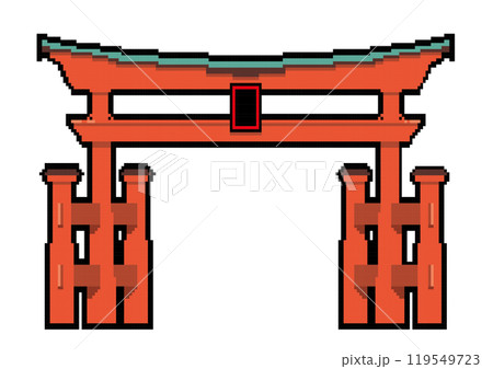 日本の宮島厳島神社の鳥居のピクセルアートのイラスト　世界遺産、観光名所　白背景　ベクターデータ 119549723