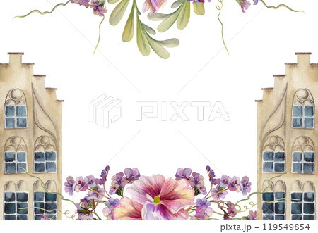 Old European city town street houses facades, bergenia pansy willow flowers. Historical cityscape building. Watercolor hand drawn border frame. Tourist shops, souvenirs, travel brochures, real estate Old European city town street houses facades, bergenia pansy willow flowers. Historical cityscape building. Watercolor hand drawn border frame. Tourist shops, souvenirs, travel brochures, real estate 119549854