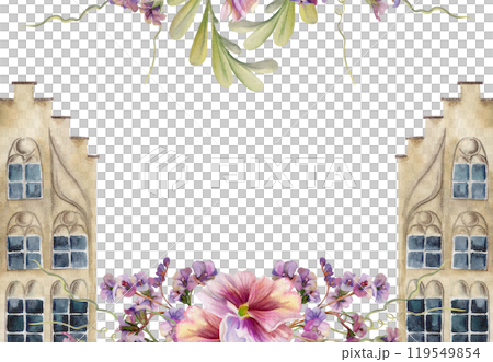 Old European city town street houses facades, bergenia pansy willow flowers. Historical cityscape building. Watercolor hand drawn border frame. Tourist shops, souvenirs, travel brochures, real estate Old European city town street houses facades, bergenia pansy willow flowers. Historical cityscape building. Watercolor hand drawn border frame. Tourist shops, souvenirs, travel brochures, real estate 119549854