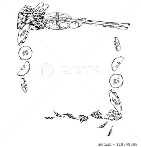 Traditional Japanese food, gunkan nigiri sushi raw fish salmon caviar tamagoyaki, cucumber slices, nori flakes, chopsticks, hand drawn in vector pen, ink. Frame for restaurant, cafe menu, recipe book Traditional Japanese food, gunkan nigiri sushi raw fish salmon caviar tamagoyaki, cucumber slices, nori flakes, chopsticks, hand drawn in vector pen, ink. Frame for restaurant, cafe menu, recipe book 119549869