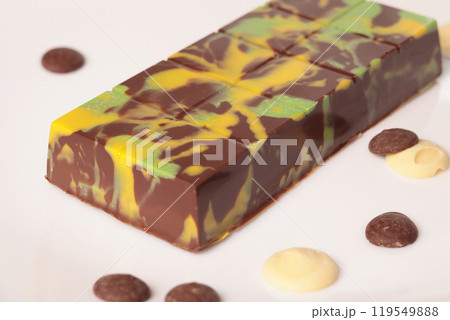 Dubai chocolate with pistachio paste and kataifi dough. Confectionery and sweets. 119549888