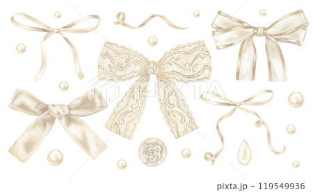 Elegant watercolor set of beige satin bows and ribbons in vintage pastel tones. Perfect for wedding invitations, greeting cards, and decorative stationery. Hand drawn detailed with soft textures 119549936