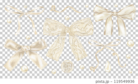 Elegant watercolor set of beige satin bows and ribbons in vintage pastel tones. Perfect for wedding invitations, greeting cards, and decorative stationery. Hand drawn detailed with soft textures 119549936