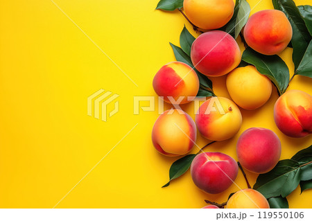 Fresh peaches with leaves arranged on a bright yellow background, showcasing their vibrant colors Fresh peaches with leaves arranged on a bright yellow background, showcasing their vibrant colors 119550106