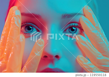 Close-up of a person with vibrant lighting and protective gloves carefully framing their face in a 119550118