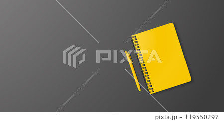 Closed yellow notebook and yellow ball-point pen on the right, black background with copy space for your image or text. Minimalist vector illustration as back to school. Top view, flat lay. 119550297