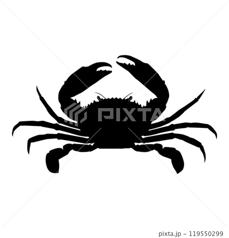 Sea crab isolated black silhouette. Side view. Marine animal. White background. Vector illustration clipart. 119550299