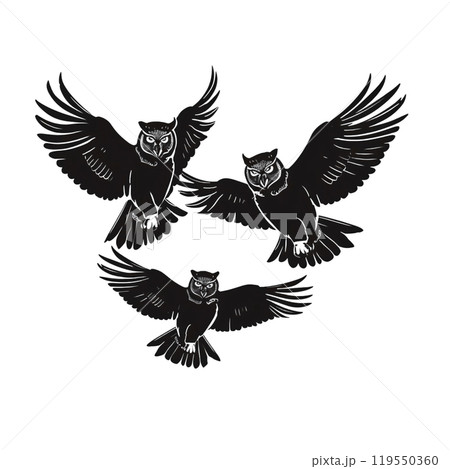 Black silhouette, tattoo of owls on white isolated background. Vector. 119550360