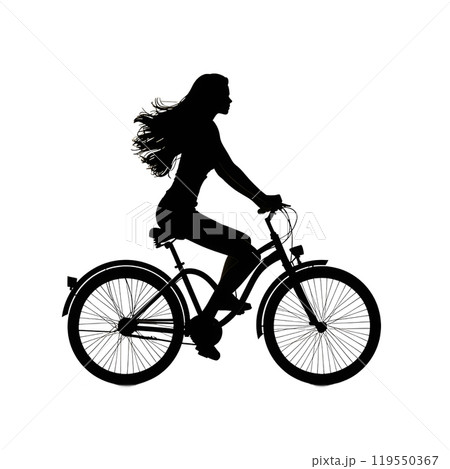 Black silhouette of woman on a bike on white background. 119550367