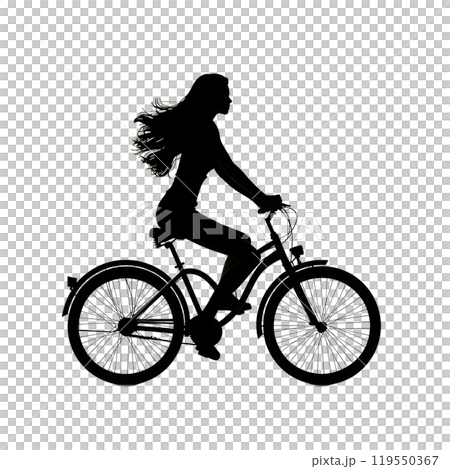 Black silhouette of woman on a bike on white background. 119550367