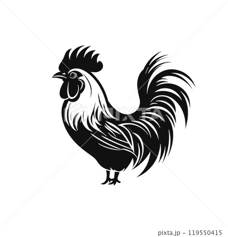 Black silhouette, tattoo of hen, rooster on white background. Vector. 119550415