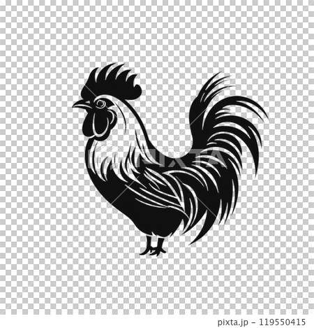 Black silhouette, tattoo of hen, rooster on white background. Vector. 119550415