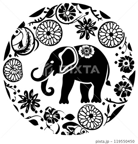Black silhouette, tattoo of an elephant with decorations on white isolated background. Vector. 119550450