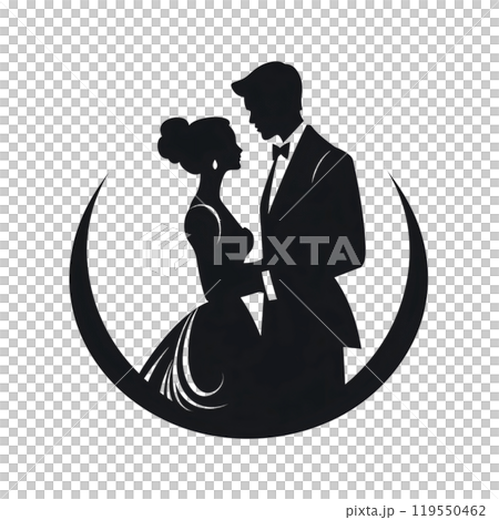 Black silhouette, tattoo of a couple of man and woman in love in a circle on white background. Vector. 119550462
