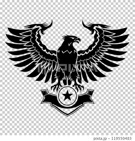 Black silhouette, tattoo of a eagle with wings on white background. Vector. 119550483