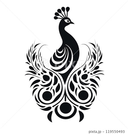 Black silhouette, tattoo of a peacock with feathers on white background. Vector. Black silhouette, tattoo of a peacock with feathers on white background. Vector. 119550493