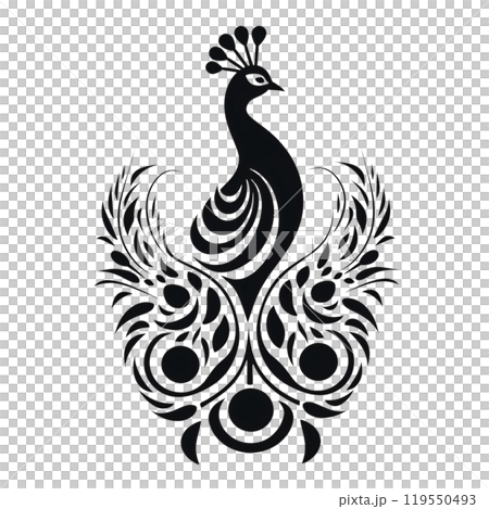 Black silhouette, tattoo of a peacock with feathers on white background. Vector. Black silhouette, tattoo of a peacock with feathers on white background. Vector. 119550493