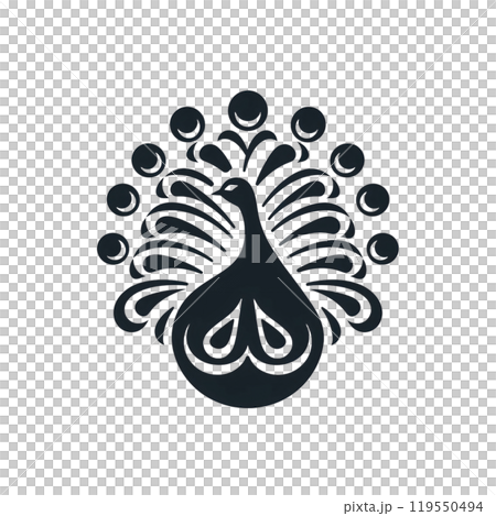 Black silhouette, tattoo of a peacock with feathers on white background. Vector. Black silhouette, tattoo of a peacock with feathers on white background. Vector. 119550494