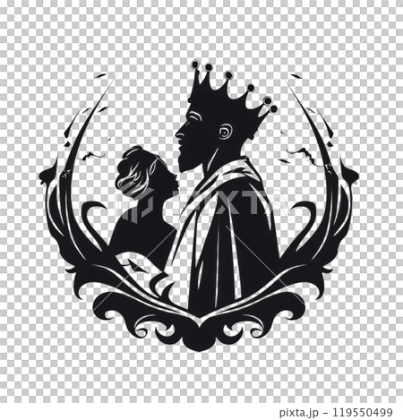 Black silhouette, tattoo of a king in a crown with his wife on white background. Vector. 119550499
