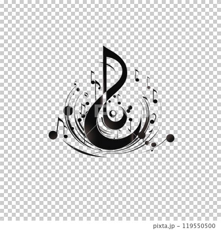 Black silhouette, tattoo of a treble clef and sheet music on white background. Vector. Black silhouette, tattoo of a treble clef and sheet music on white background. Vector. 119550500