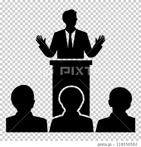 Black silhouette, tattoo of a man speaking in front of a crowd on white background. Vector. 119550502