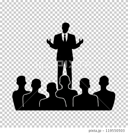 Black silhouette, tattoo of a man speaking in front of a crowd on white background. Vector. 119550503