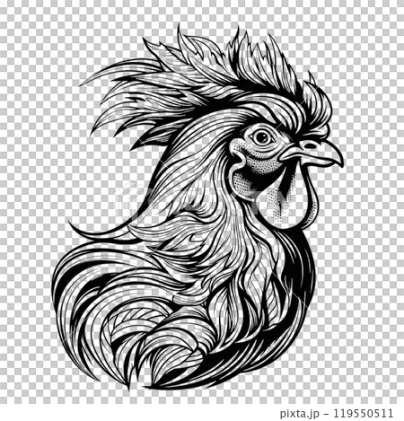 Black silhouette, tattoo of a head of a hen, rooster on white background. Vector. Black silhouette, tattoo of a head of a hen, rooster on white background. Vector. 119550511