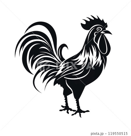 Black silhouette, tattoo of a hen, rooster on white background. Vector. Black silhouette, tattoo of a hen, rooster on white background. Vector. 119550515