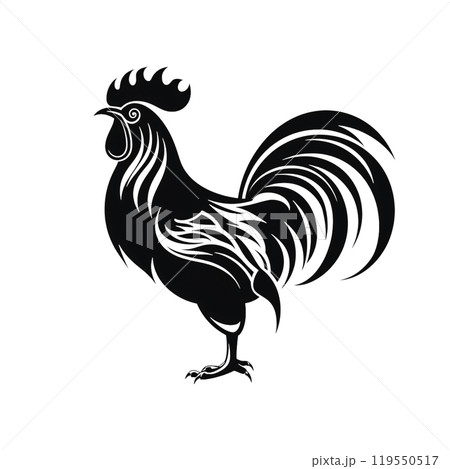 Black silhouette, tattoo of a hen, rooster on white background. Vector. Black silhouette, tattoo of a hen, rooster on white background. Vector. 119550517
