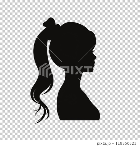 Black silhouette, tattoo of a girl with a ponytail on white background. Vector. 119550523
