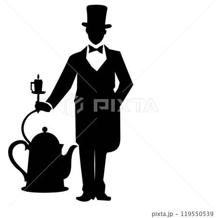 Black silhouette, tattoo of a waiter with kettle on white background. Vector. 119550539