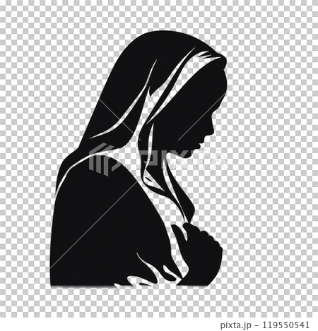 Black silhouette, tattoo of a woman with her head covered with a scarf on white background. Vector. 119550541
