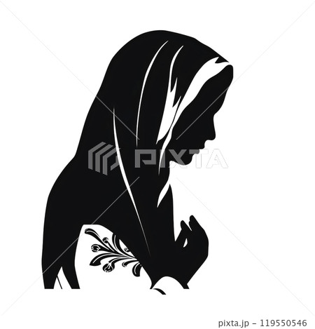 Black silhouette, tattoo of a woman with her head covered with a scarf on white background. Vector. 119550546