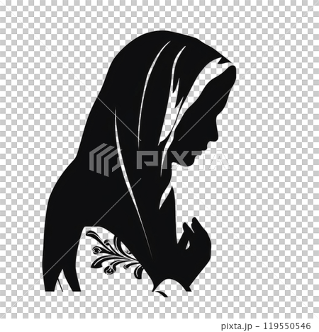 Black silhouette, tattoo of a woman with her head covered with a scarf on white background. Vector. 119550546