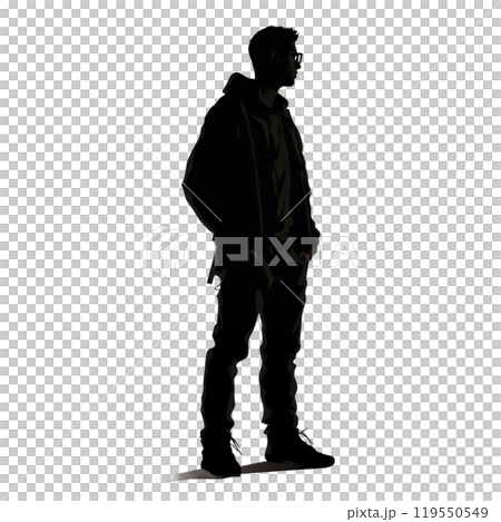 Black silhouette, tattoo of a man in a jacket on white background. Vector. 119550549