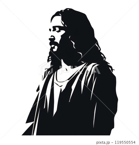Black silhouette, tattoo of a man with long hair on white background. Vector. Black silhouette, tattoo of a man with long hair on white background. Vector. 119550554