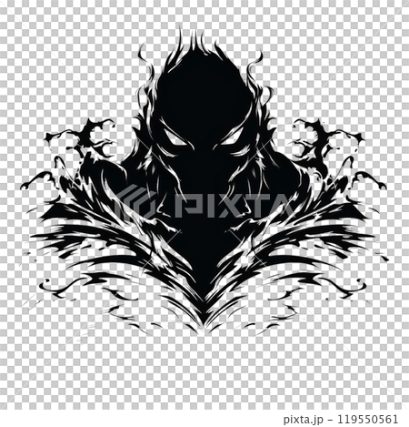 Black silhouette, tattoo of a dark monster, demon on white background. Vector. 119550561