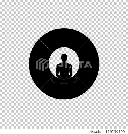 Black silhouette, tattoo of a man in lotus position on white background. Vector. 119550599