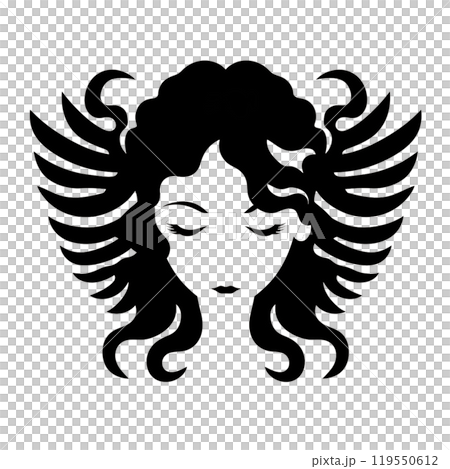 Black silhouette, tattoo of a woman's head with wings on white isolated background. Vector. Black silhouette, tattoo of a woman's head with wings on white isolated background. Vector. 119550612