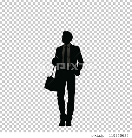 Black silhouette, tattoo of a man in suit with bag on white isolated background. Vector. 119550625