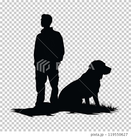 Black silhouette, tattoo of a man with a dog on white isolated background. Vector. 119550627