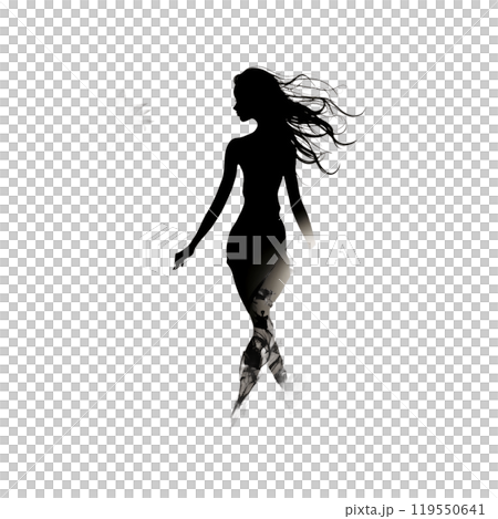 Black silhouette, tattoo of a woman among flowers on white isolated background. Vector. Black silhouette, tattoo of a woman among flowers on white isolated background. Vector. 119550641